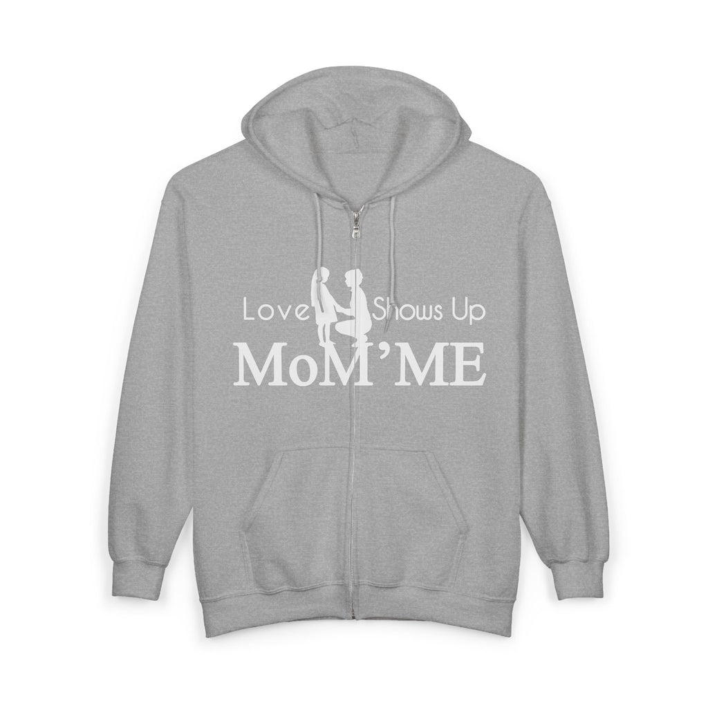 Momme Zip Hoodie — "Love Shows Up" Mom Silhouette Full-Zip Sweatshirt